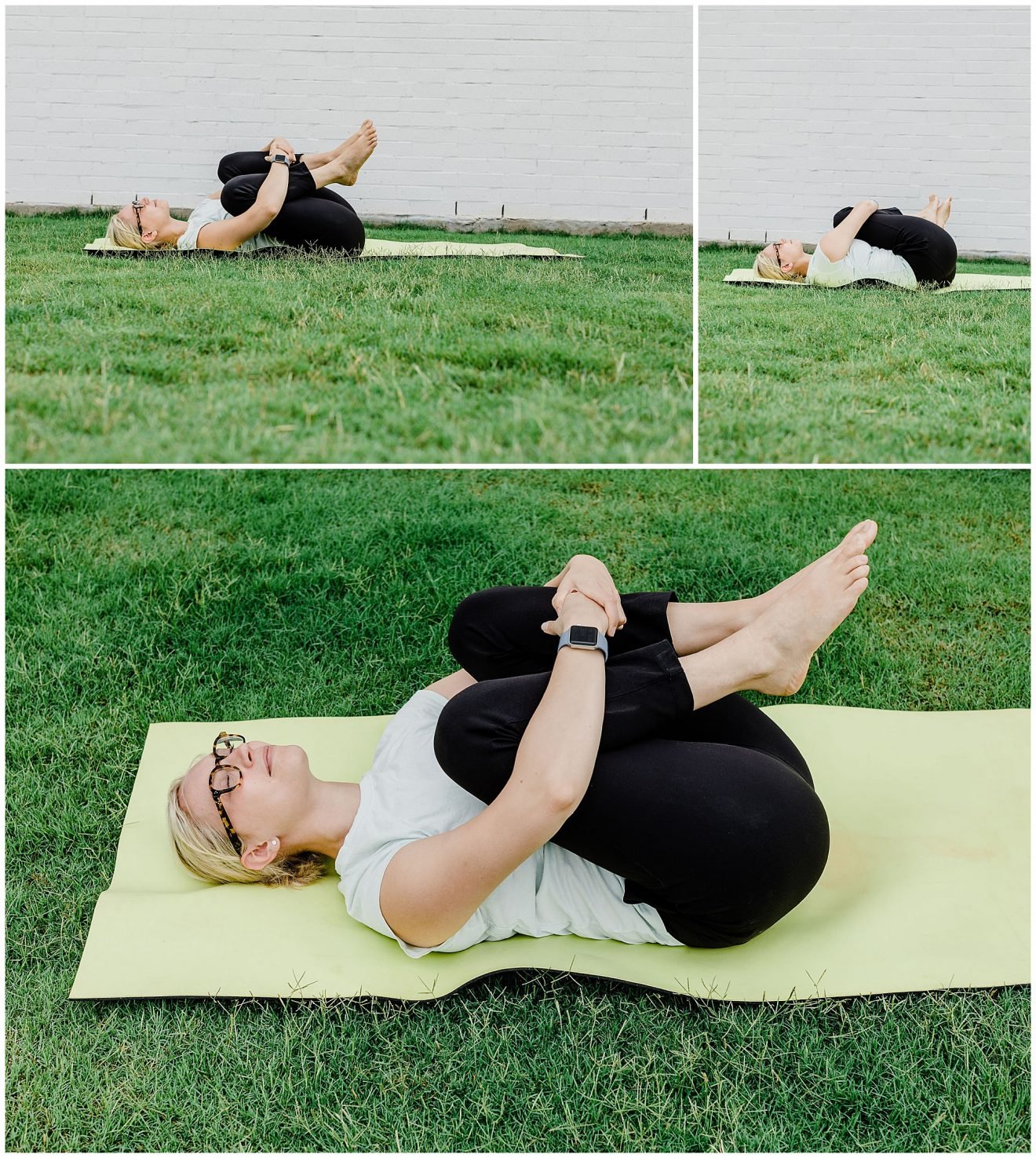Woman laying on her yoga mat outside doing knees to chest yoga pose.