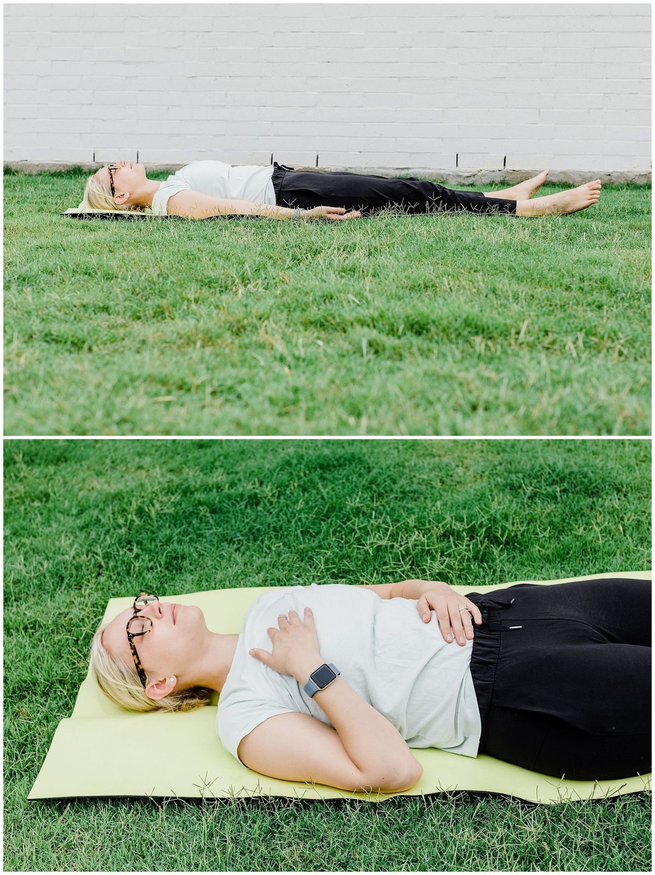 Woman laying on her yoga mat outside doing savasana yoga pose.