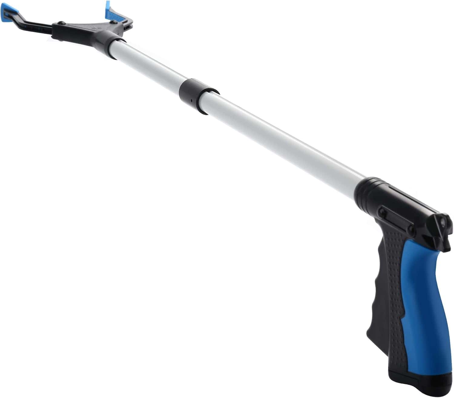 A long, silver reacher grabber tool with blue and black accents, perfect for adding to a care package. It features a trigger handle on one end and a gripping mechanism on the other, expertly designed to assist users in picking up objects while on bed rest.