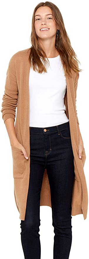 State Cashmere Mid-Length 100% Pure Cashmere Open Cardigan Long Sleeve Sweater for Women