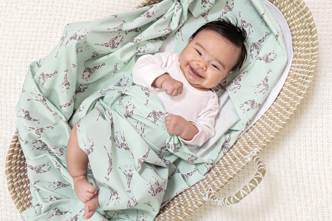 Baby boy laying in a moses basket wrapped in an aden + anais comfort knit swaddle