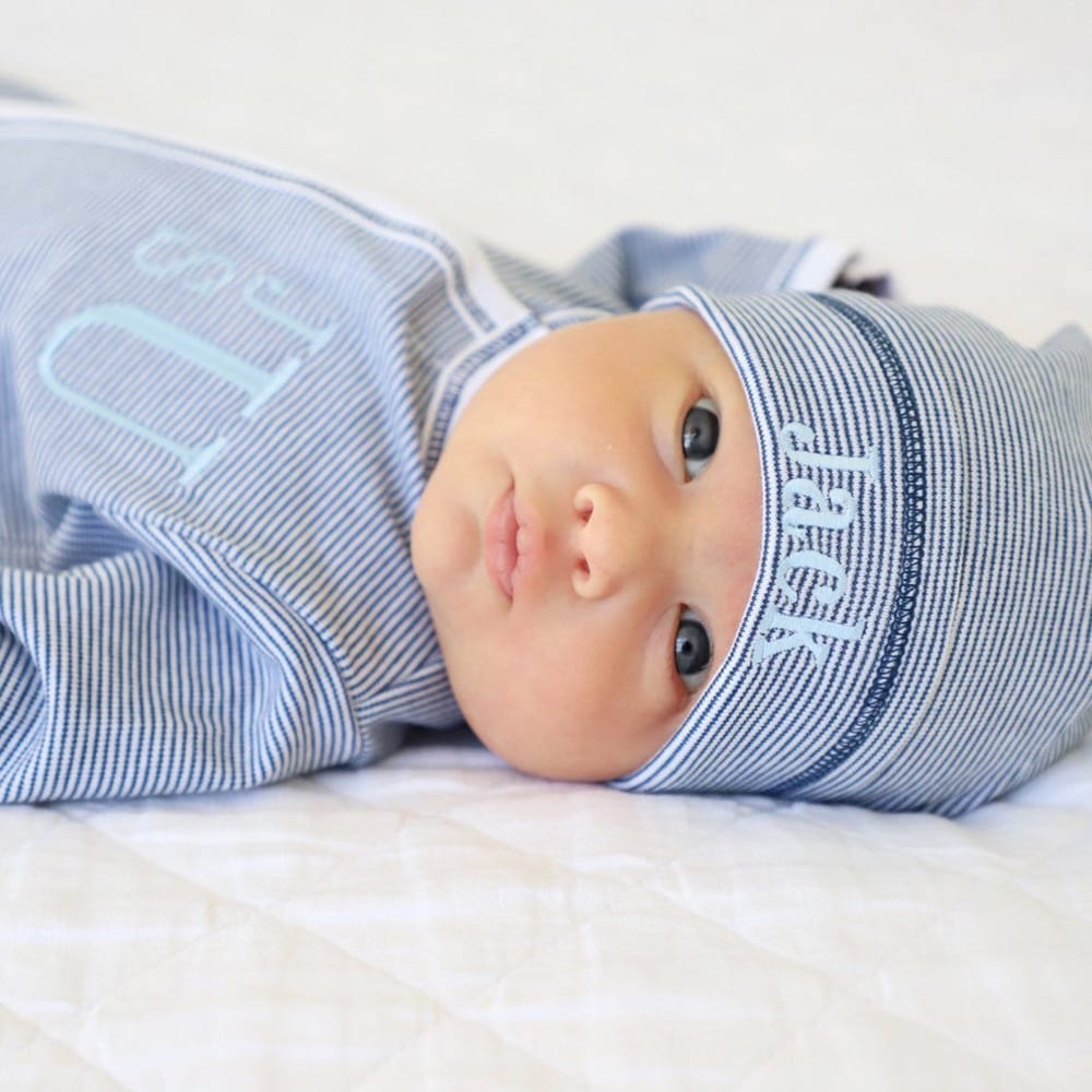 Baby boy newborn coming home outfit, baby shower gift, Monogrammed footie, Baby gift, Monogrammed sleeper, navy tiny stripes