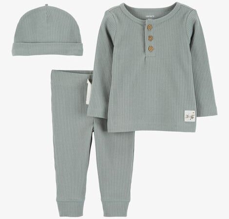 A three-piece coming home outfit includes a ribbed long-sleeve top with buttons, matching pants, and a beanie, all in a soft sage green color. The set is arranged against a plain white background.