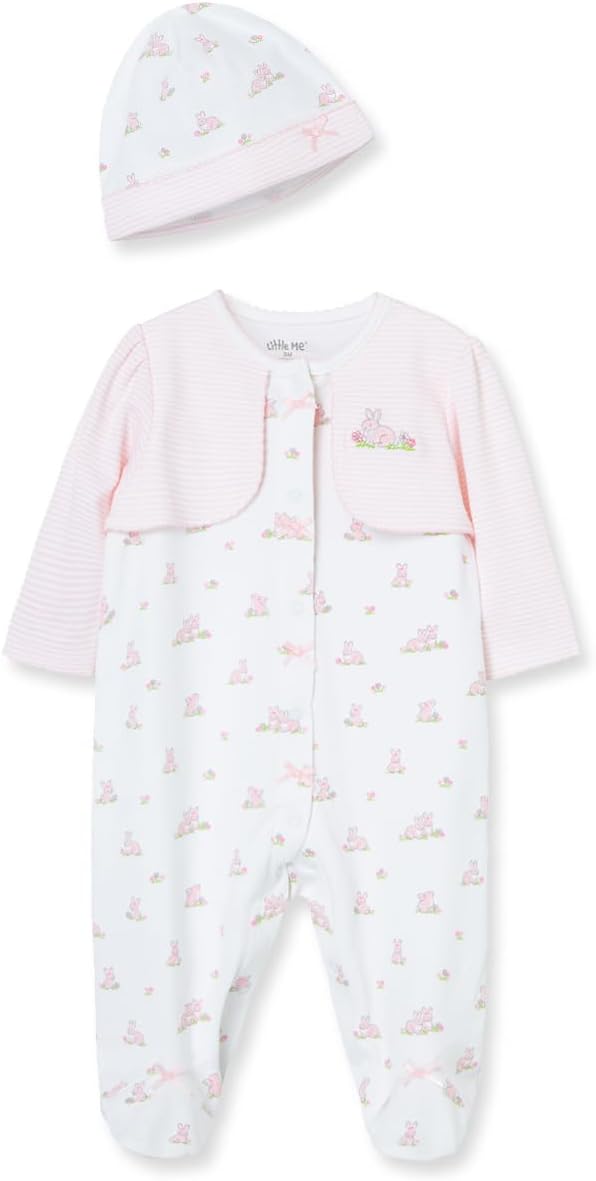 Perfect for coming home outfits, this baby ensemble features a white and pink footed onesie with long sleeves adorned with adorable bunny prints. Pink stripes highlight the shoulders and sleeves, complemented by a matching hat that echoes the cute bunny design.
