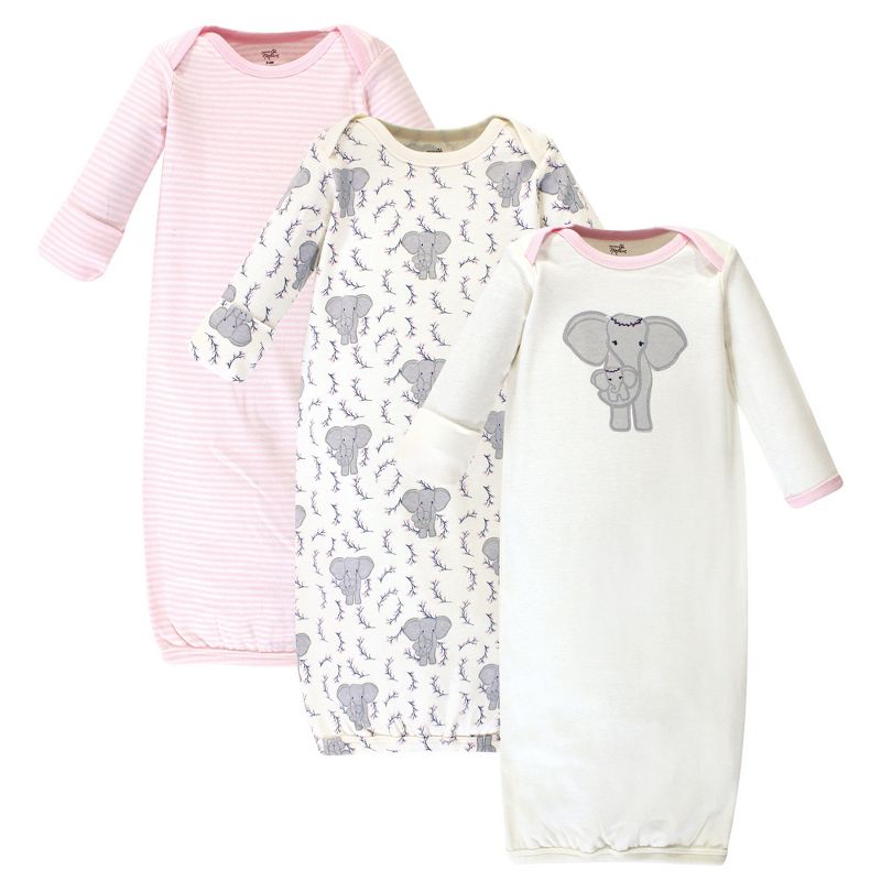 Touched by Nature Baby Girl Organic Cotton Long-Sleeve Gowns 3pk, Girl Elephant