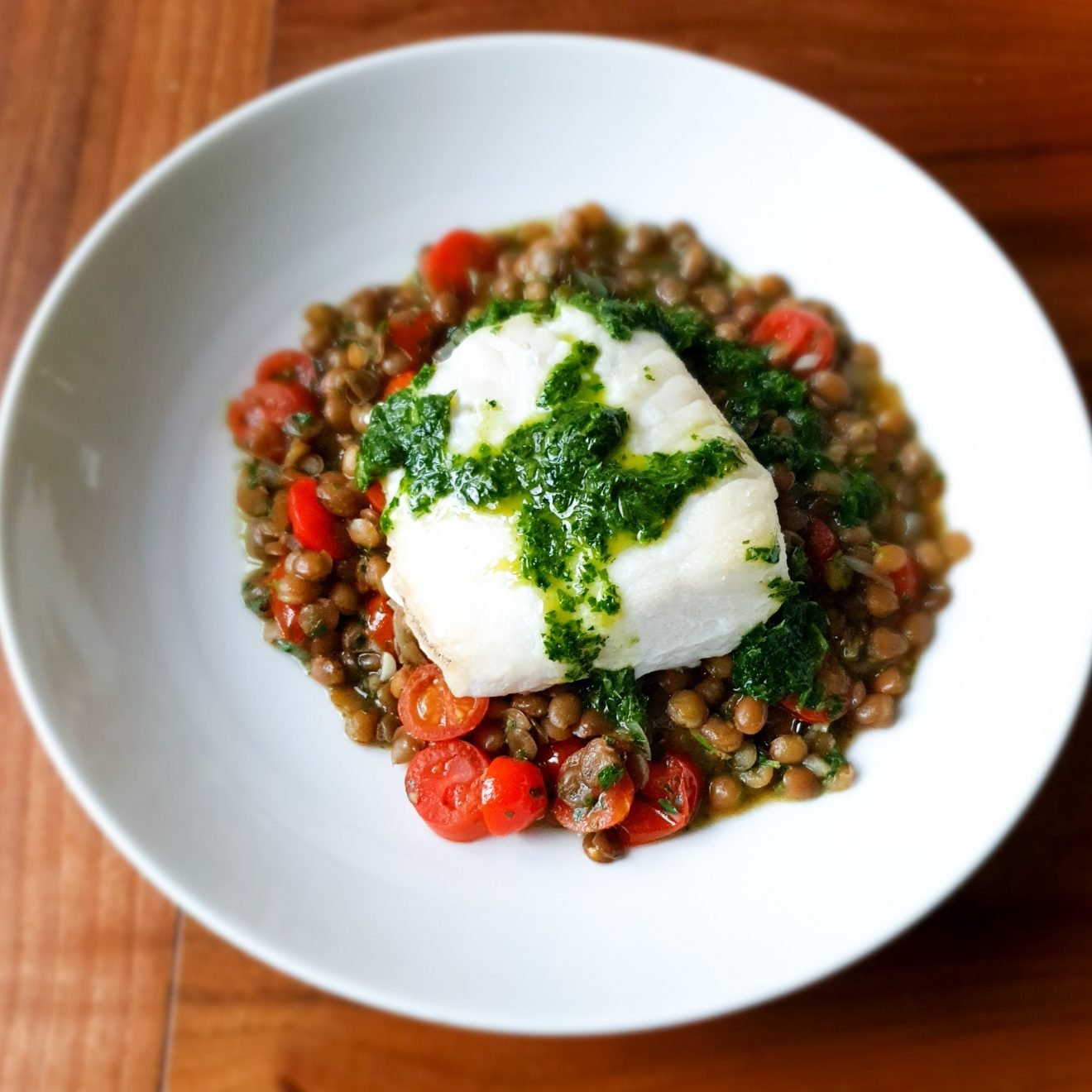 Roasted Cod, Lentils, Cherry Tomatoes and Parsley Oil