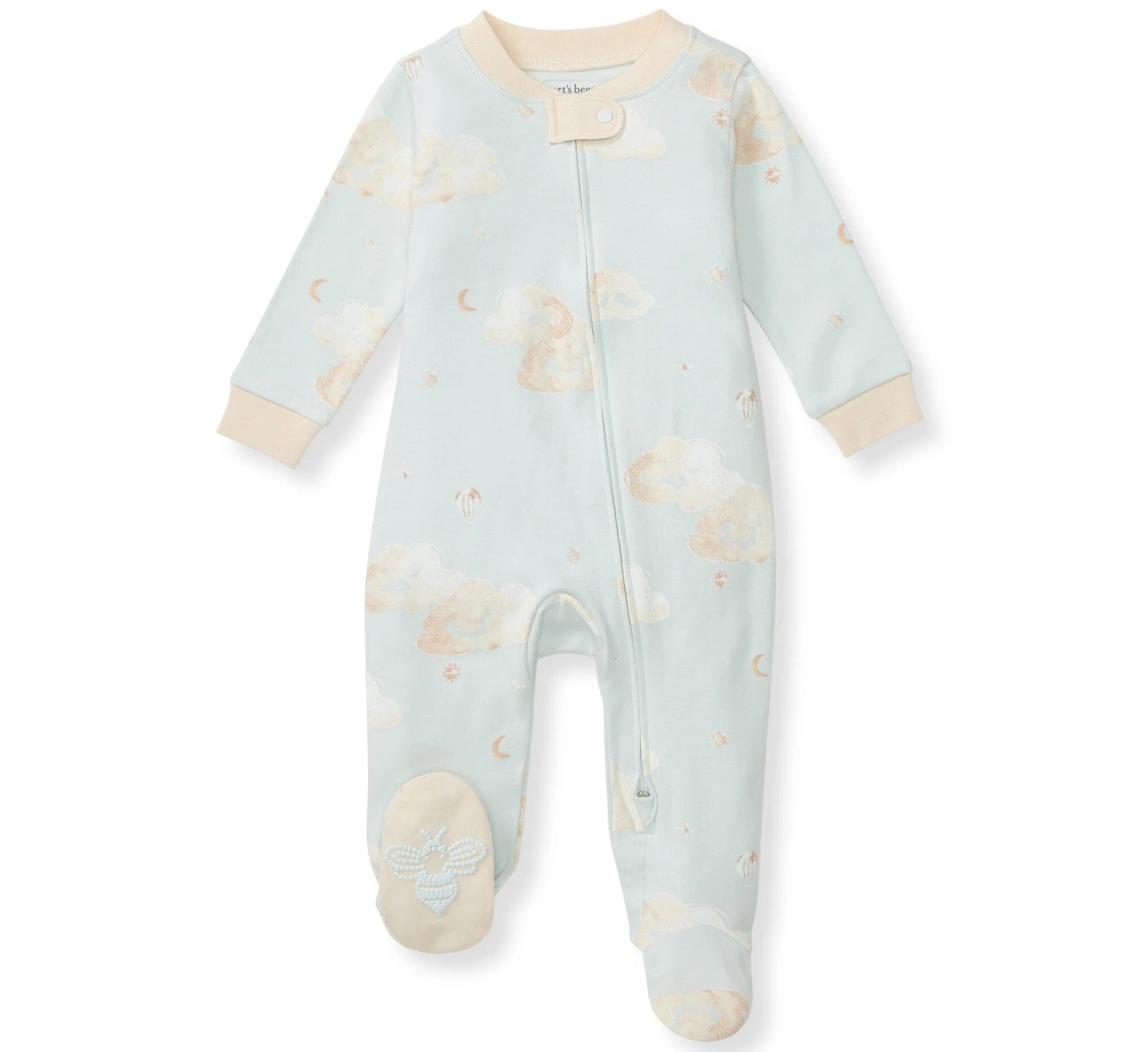 Burt's Bees Good Night Sky Organic Cotton Sleep & Play - Ice Flow (light blue one-piece baby pajamas with cream trim and sky print)