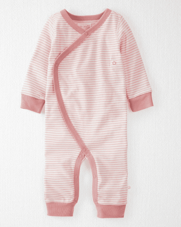 Sure! Here is your text with all single quote and double quote characters removed: A long-sleeve baby romper with light pink and white stripes, featuring rose pink trim along the edges, cuffs, and neckline, and snap buttons along the side and legs&mdash;perfect for adorable coming home outfits.