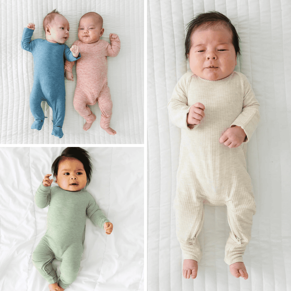 A collage of three babies in adorable coming home outfits on a white quilted surface. The top left baby wears a blue onesie, the bottom left wears green, and the right baby is in beige. All are asleep or resting peacefully.