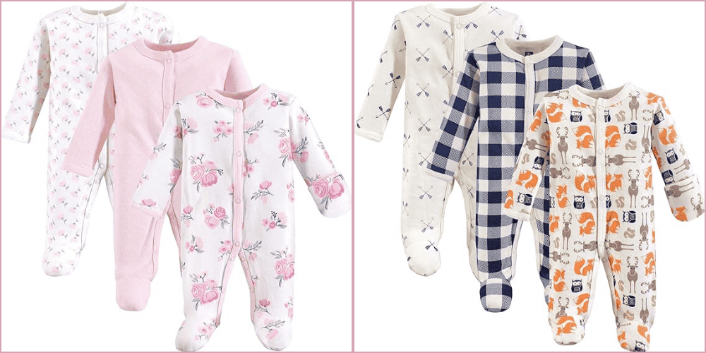 Six baby onesies, perfect as coming home outfits, are displayed in various patterns. On the left: two pink and one with floral roses. On the right: three featuring arrows, blue checkered designs, and woodland animals with trees and bears. All feature convenient front zippers.