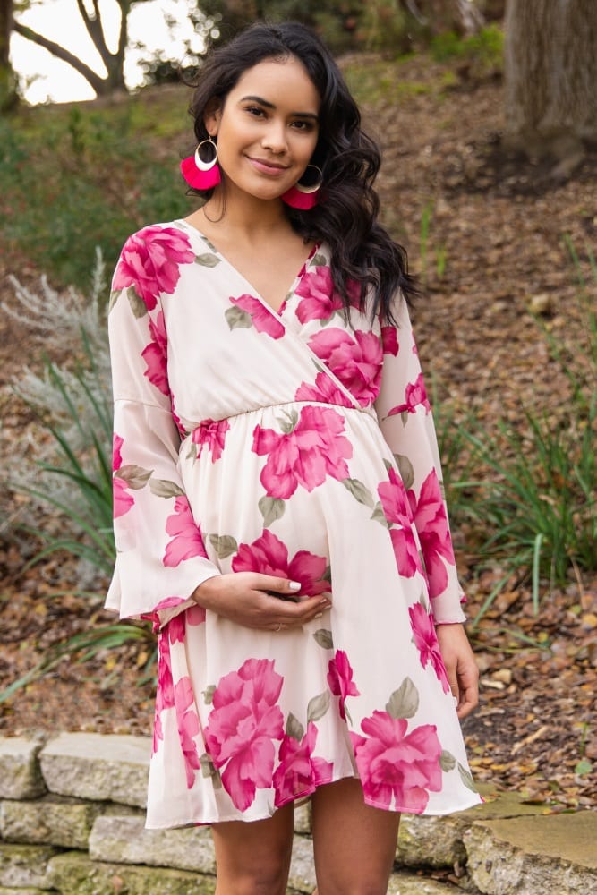 Ivory Floral Chiffon Wrap Maternity Dress