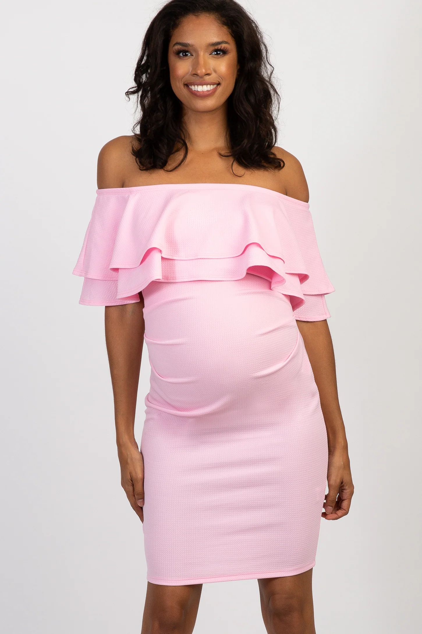 Pink off shoulder fitted maternity dress