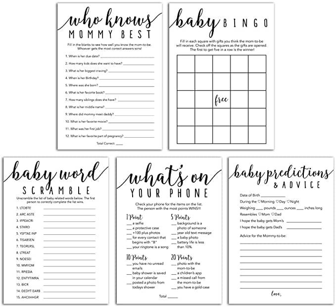 Baby Shower Games - Pack of 5 Activities (50 Count for Each) - Advice and Predictions, Bingo, Word Scramble, Whats On Your Phone, and Who Knows Mommy