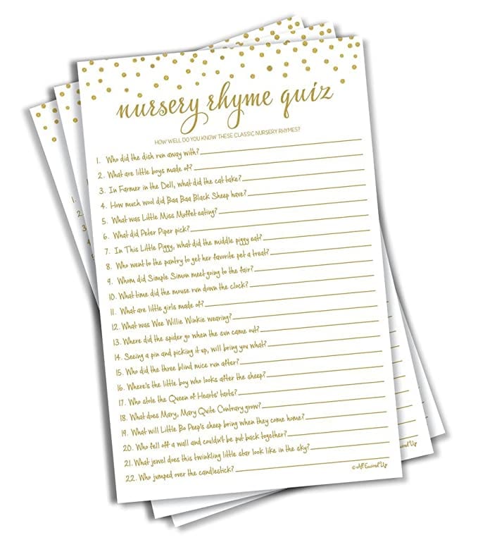 Nursery Rhyme Quiz Game - Baby Shower Games - Gold Confetti (50-sheets)