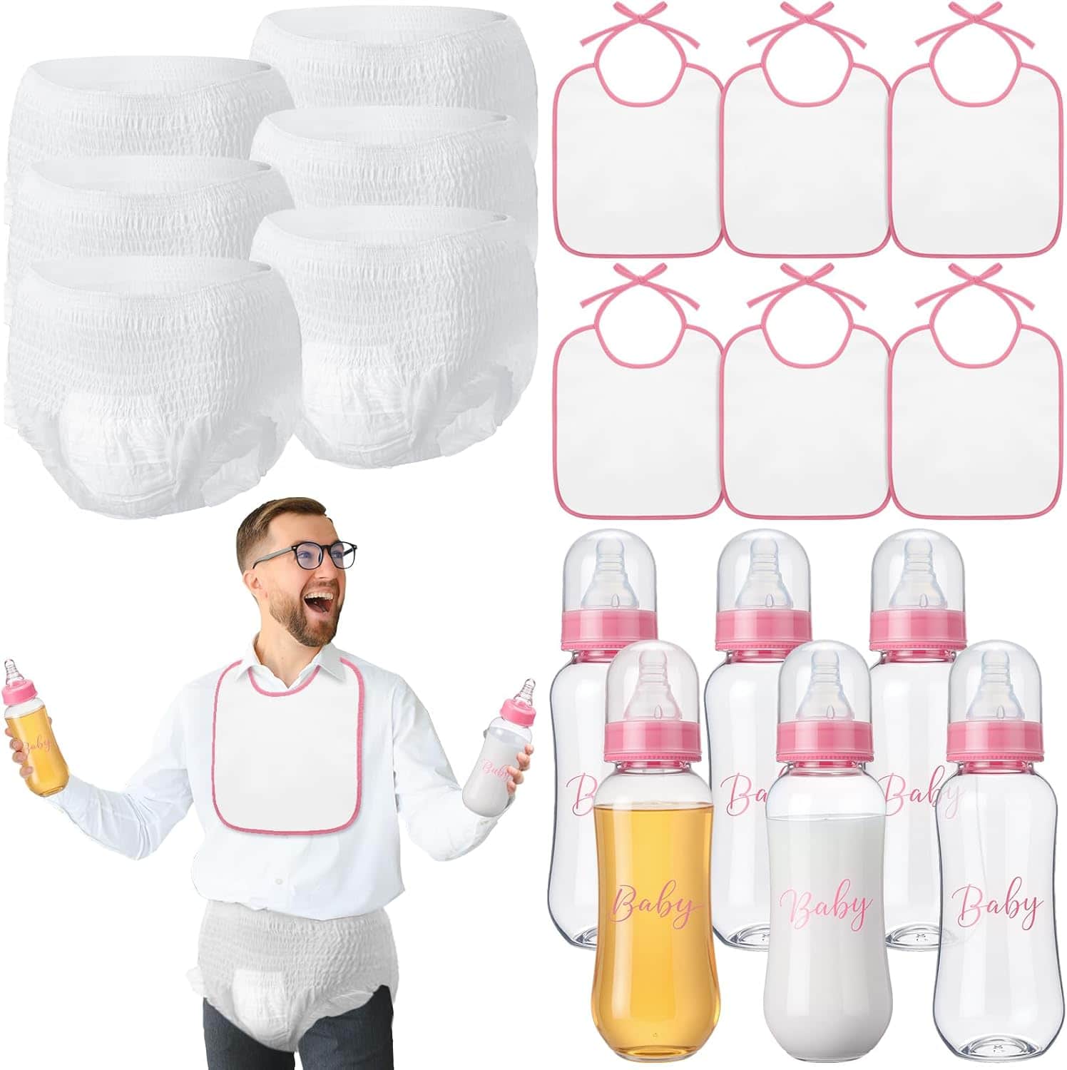 Disposable Diapers, Baby Bottles, and Bibs for Newborns.