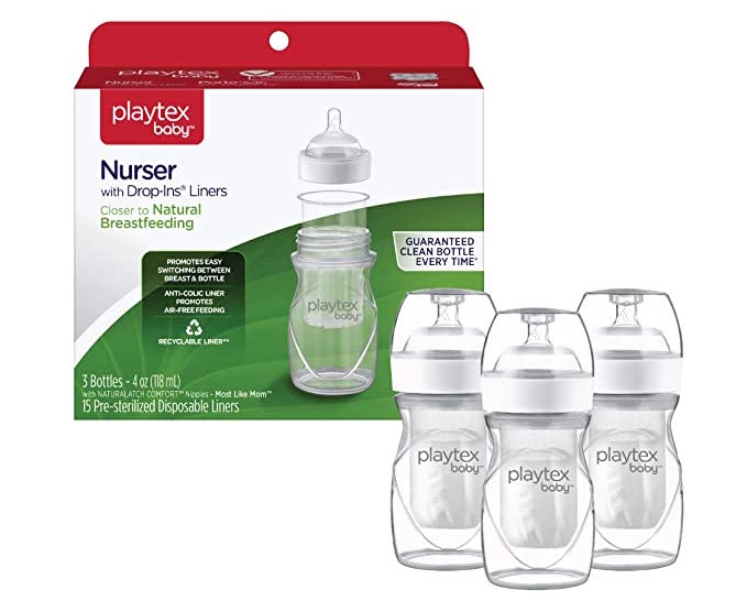 Playtex Baby Nurser Bottle with Pre-Sterilized Disposable Drop-Ins Liners, Closer to Breastfeeding, 4 Ounce Bottles, 3 Count