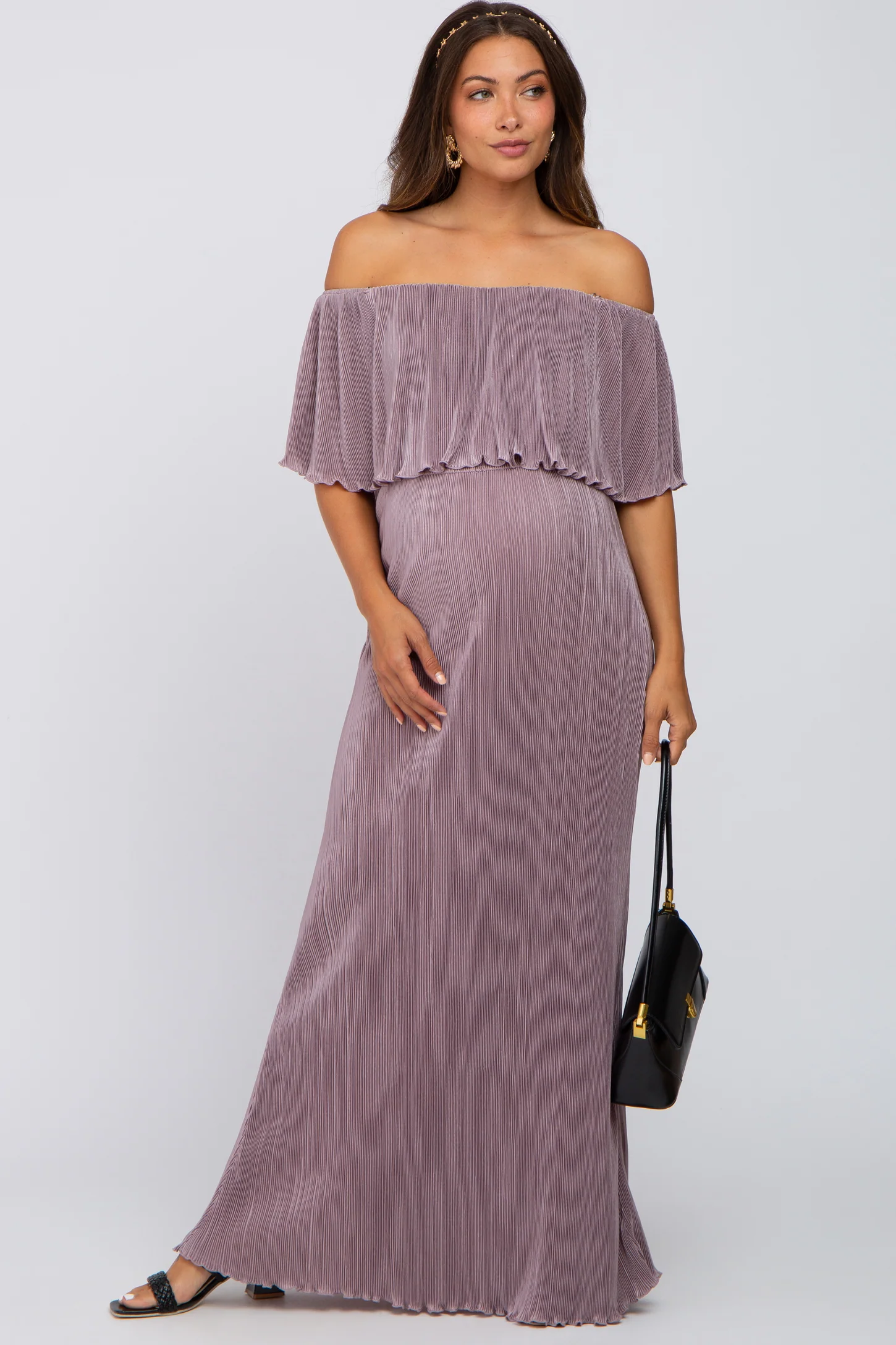 Purple off the shoulder ribbed maxi maternity dress 