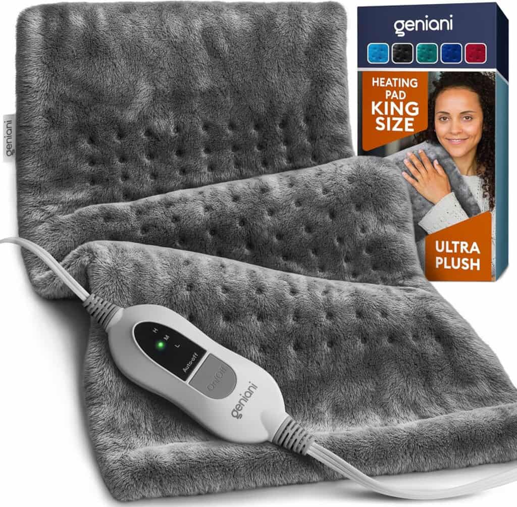 A gray ultra-plush heating pad with a wired remote control is displayed. The packaging in the background shows a woman holding the heating pad, with text, Geniani Heating Pad King Size, Ultra Plush. Its the perfect gift to bring a new family comfort and warmth.