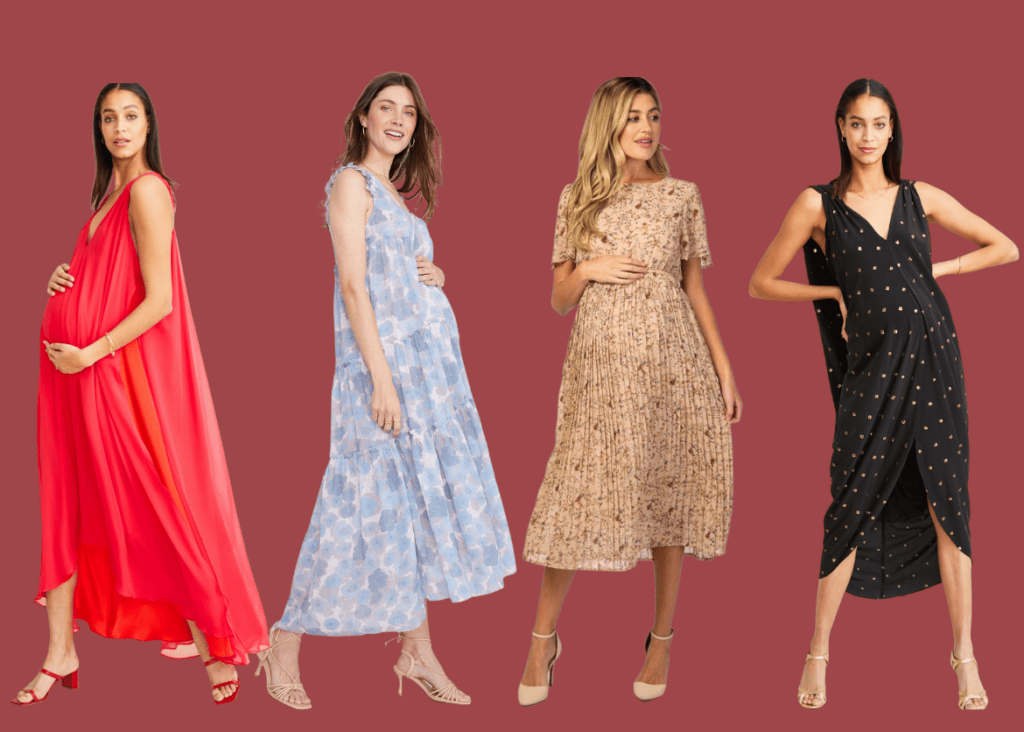 Four pregnant women wearing dresses that are perfect to wear at a baby shower.