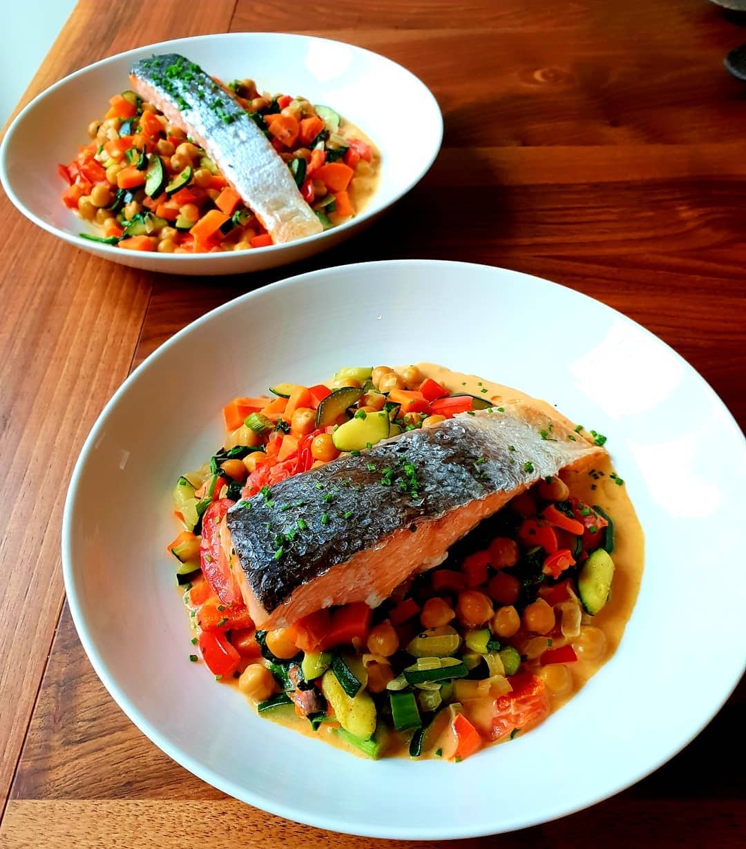 Roasted Lemon Salmon on a Bed of Spiced Chickpeas and Vegetables