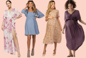 Four pregnant women wearing dresses that are perfect to wear at a baby shower.
