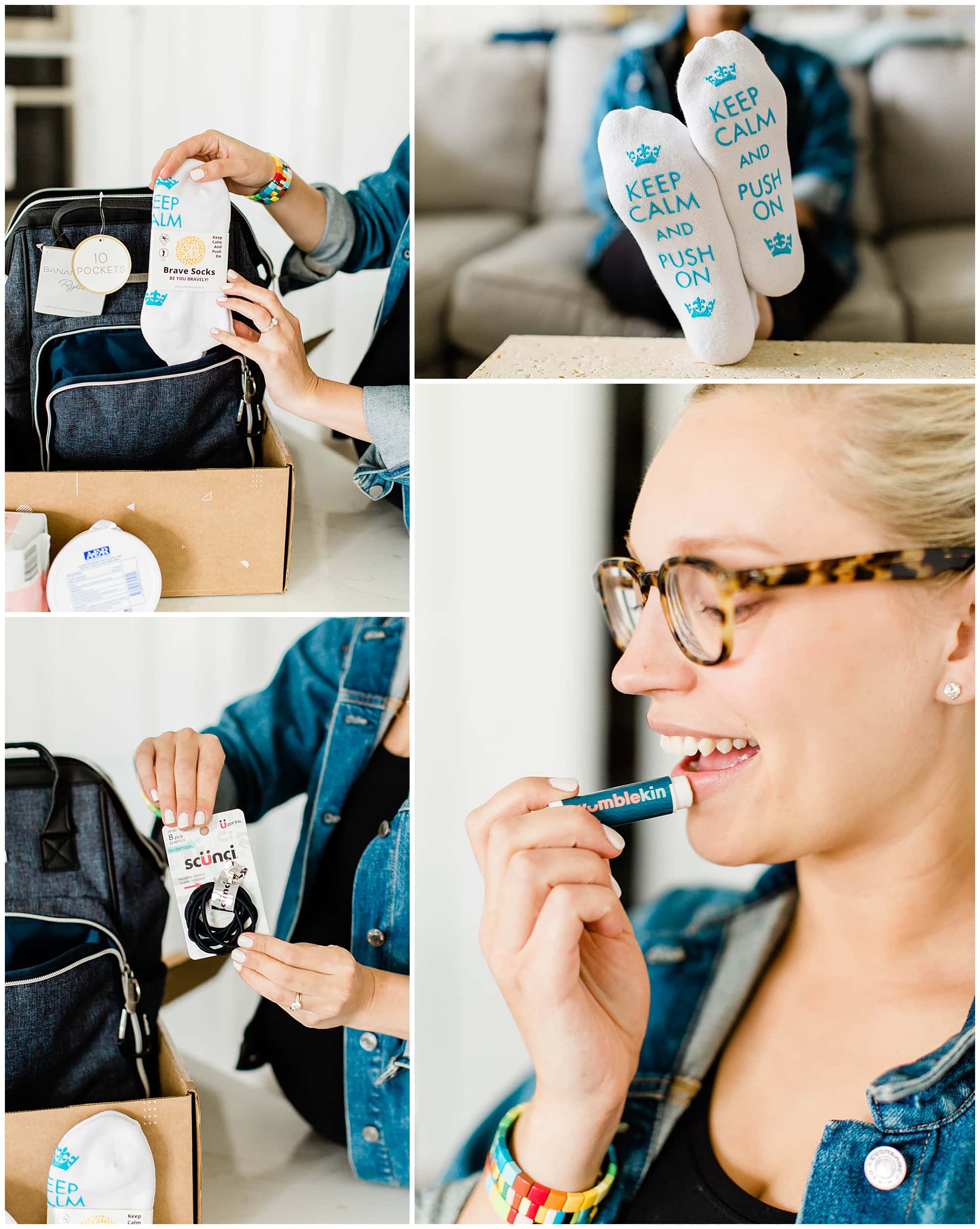 A pregnant woman is trying out the Scunci 8 pc hair ties, Kindred Bravely Labor and Delivery Grippy Socks, and lip balm from Wumblekin's Labor + Birth box.
