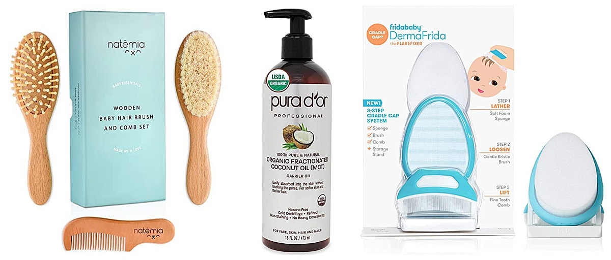 Baby hair brush set, coconut oil, and fridababy product