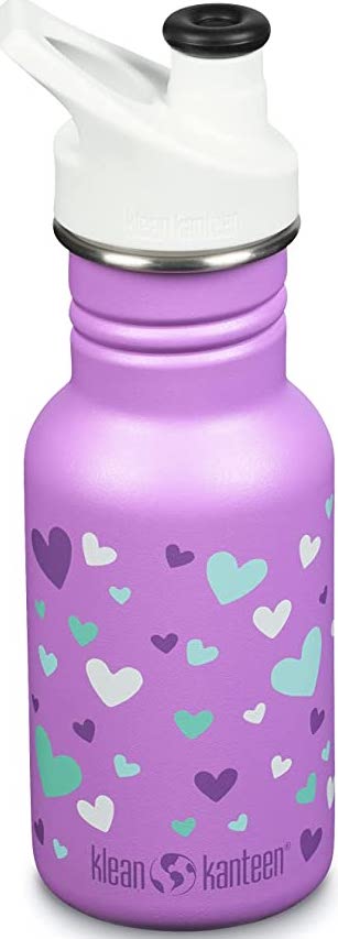 Purple water bottle with blue, white, and purple hearts on it 