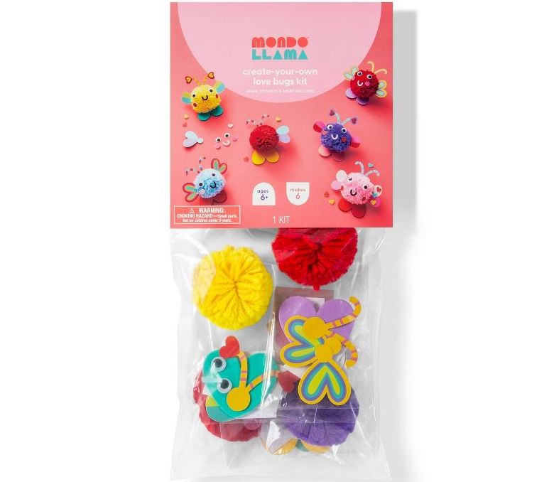 Bag of pom poms and supplies to create love bugs 