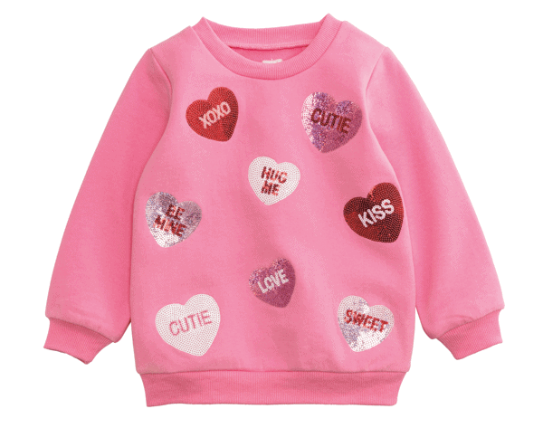 Baby girl pink Valentine's Day sweater with heart-shaped "XOXO," "KISS," and "CUTE" embellishments.