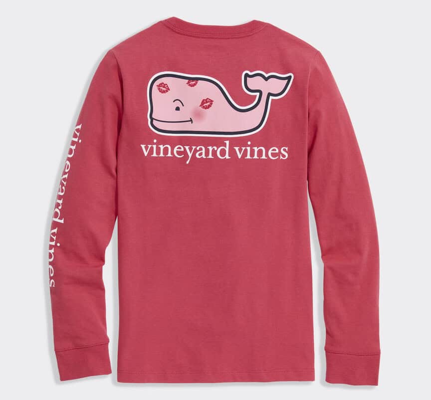 Red Vineyard Vines baby whale sweatshirt with kiss marks and logo.
