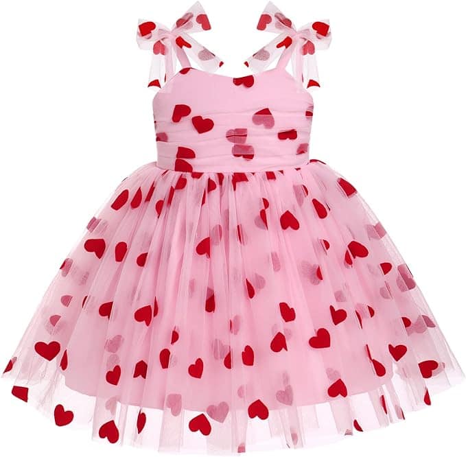 Baby girl Valentine's Day dress with pink tulle and red heart patterns, perfect for special occasion.
