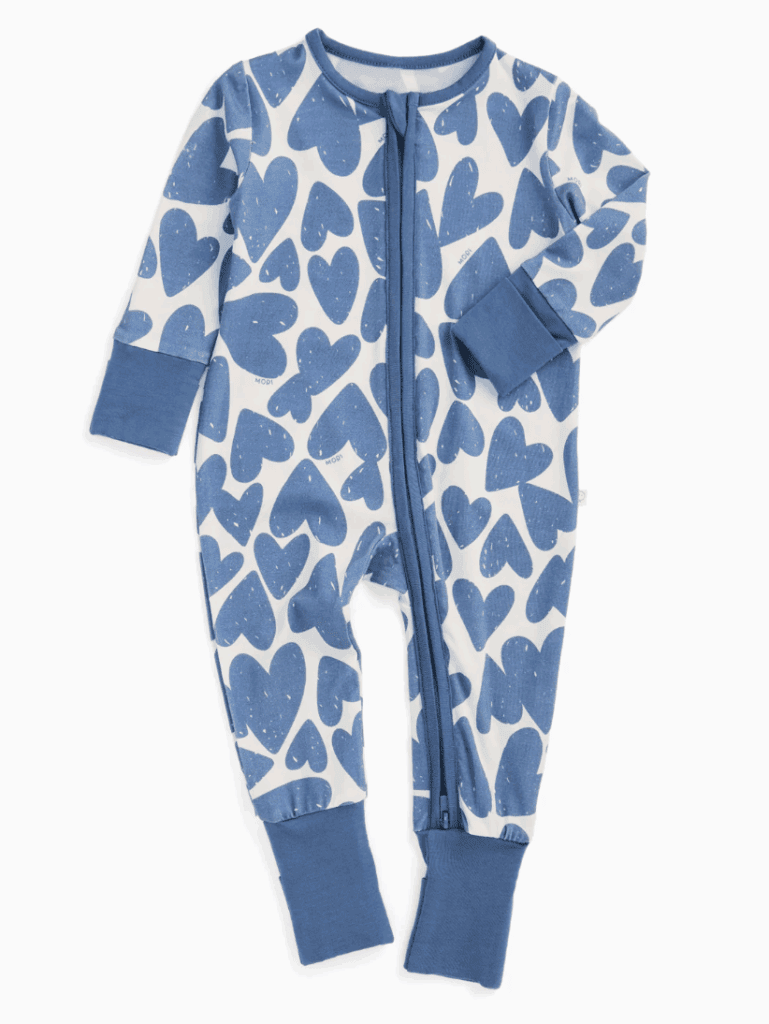 Baby onesie with blue hearts, perfect for Valentine's Day celebrations.