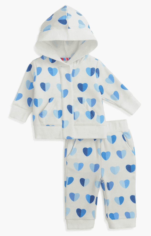 Baby Valentine's Day hoodie and pants set with blue hearts.