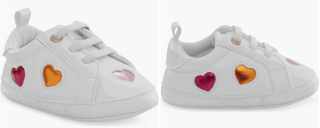 Cute Valentine's Day outfits for babies and toddlers featuring white sneakers with heart-shaped embe.