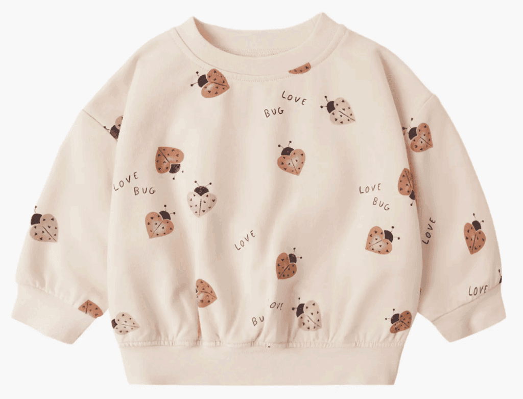 Adorable Valentine's Day baby sweater with bug and love print, perfect for special occasions.