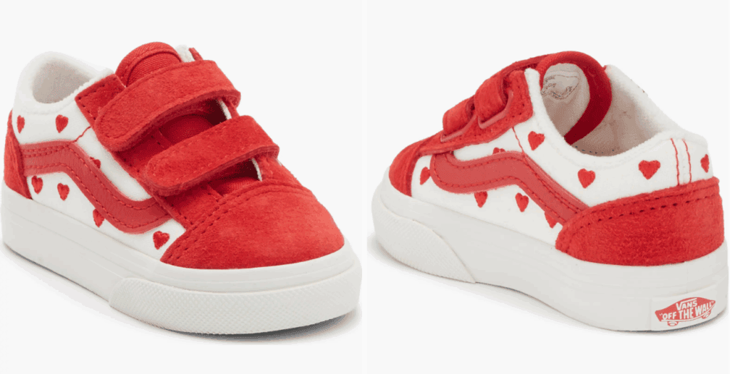 Baby Valentine's Day sneakers with red and white hearts, perfect for festive outfits.