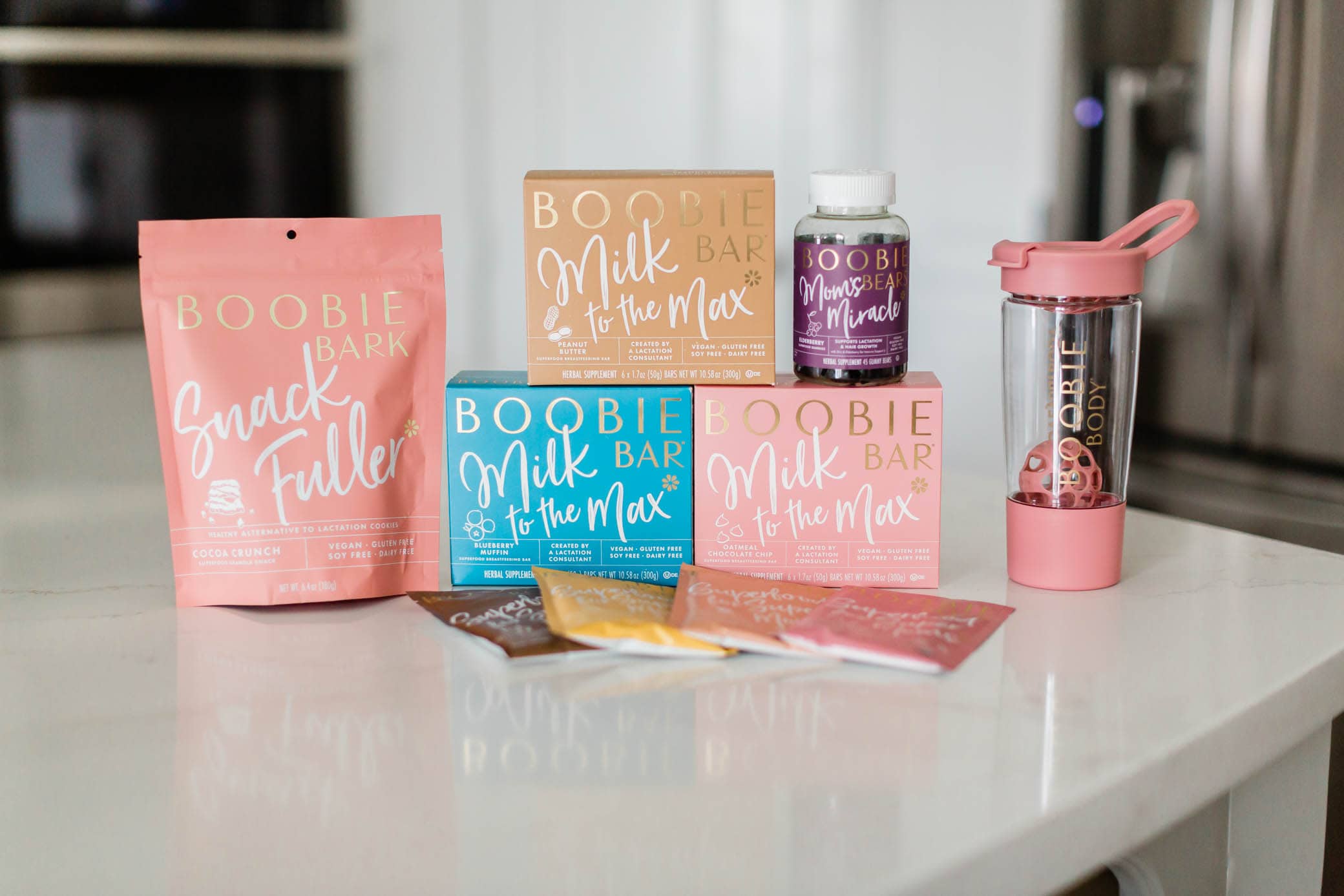 Boobie products sitting on a kitchen counter