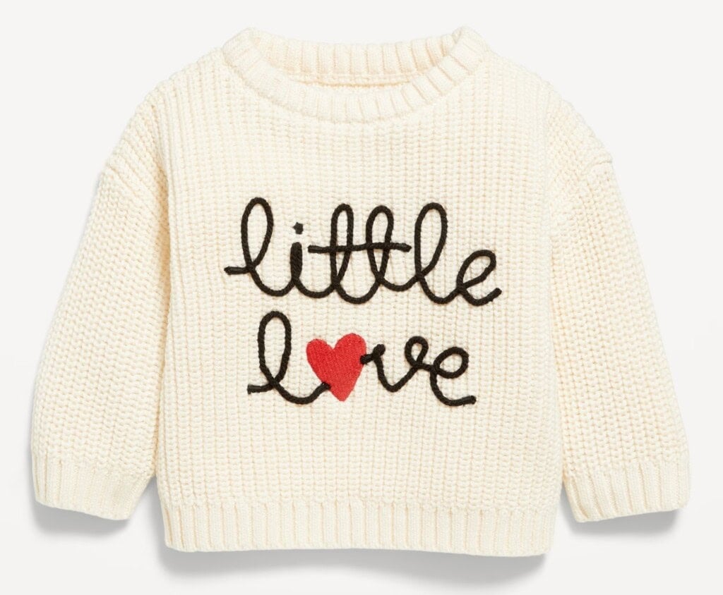 Baby girl sweater with "little love" text and red heart design, perfect for Valentine's Day outfits.