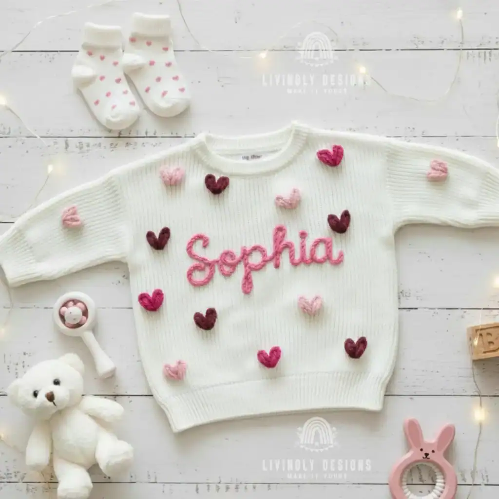 Baby girl&rsquo;s white sweater with pink and red heart details, personalized with "Sophia".