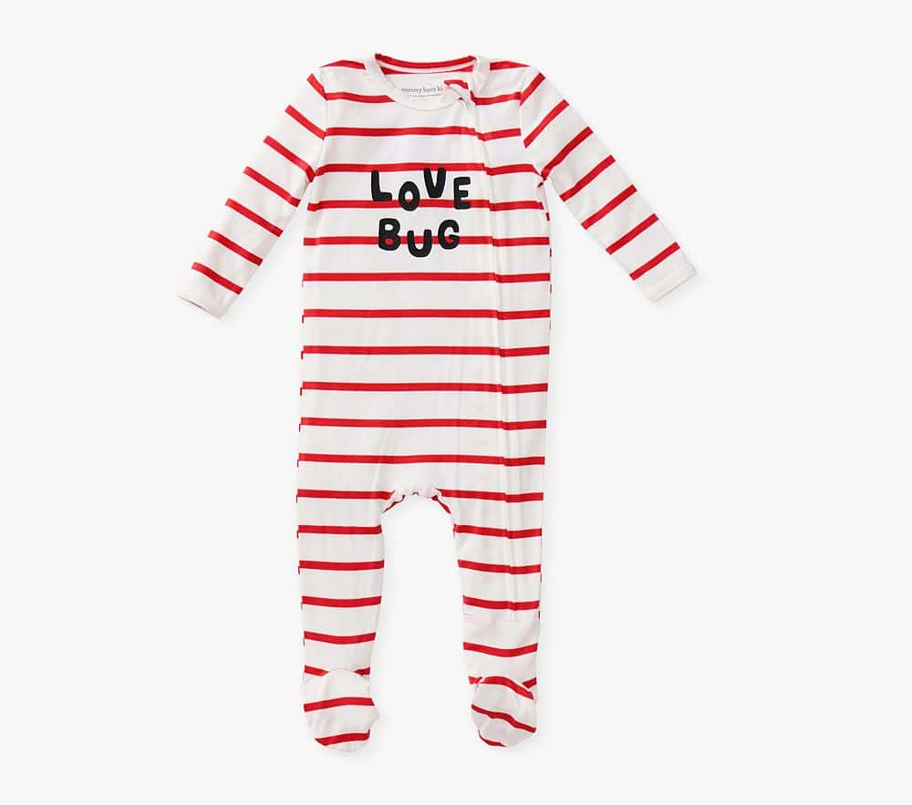 Baby Valentine's Day pajamas with red and white stripes and "Love Bug" text.