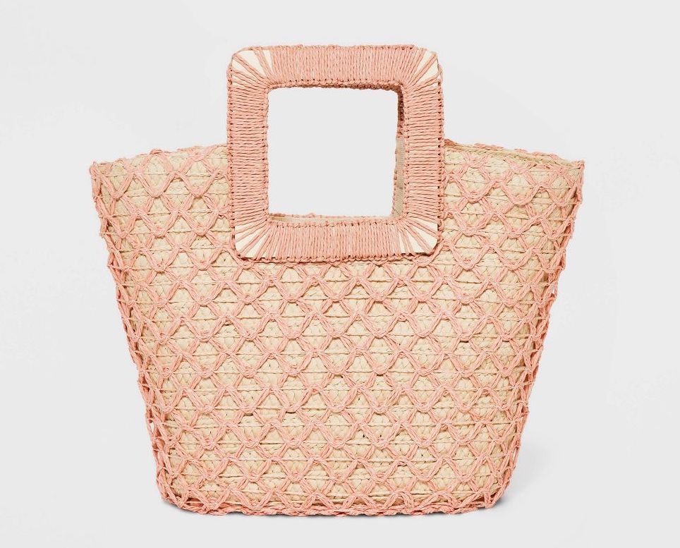 Pink and tan woven handbag 