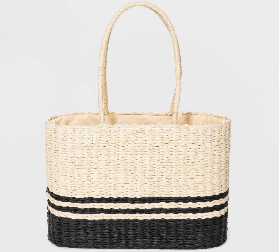 Striped straw tote handbag
