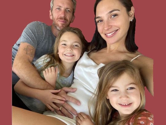 Gal Gadot's pregnancy announcement on Instagram with her family.
