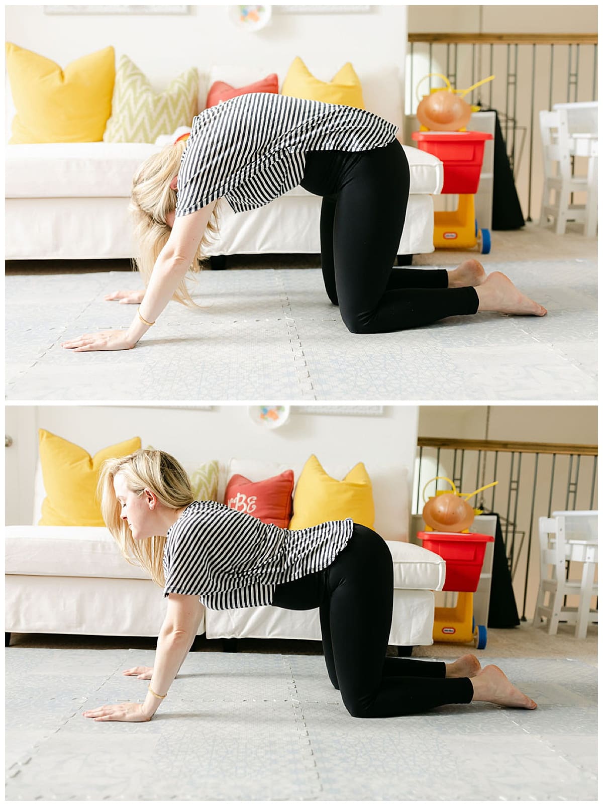 Woman doing cat camel stretching pose