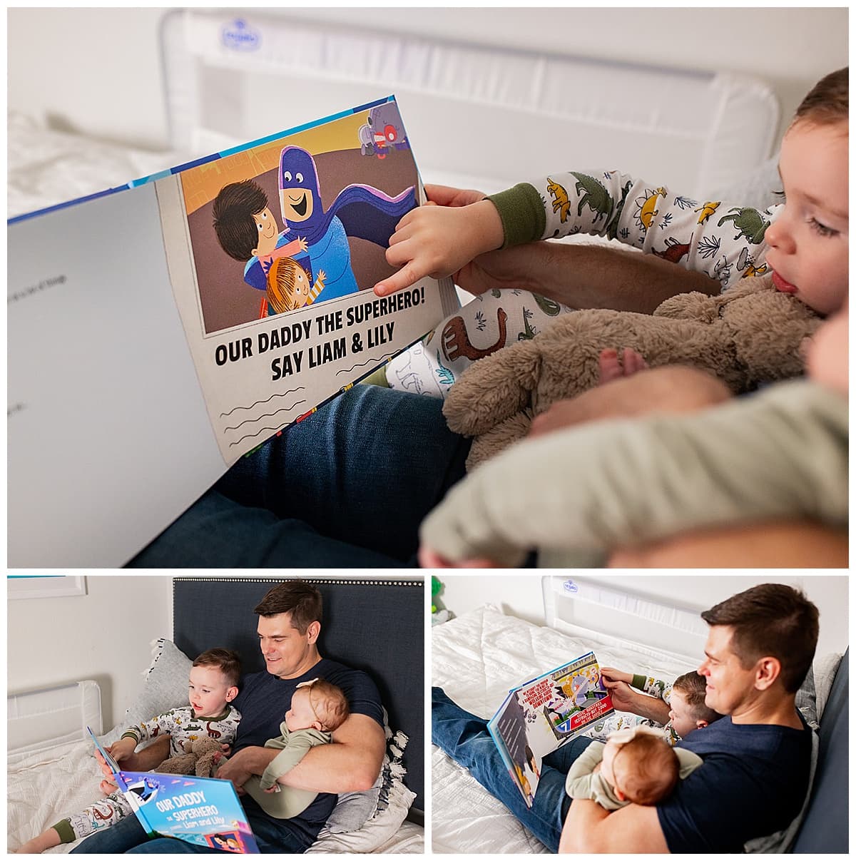 A father sitting in bed with his two kids reading them a bedtime story.