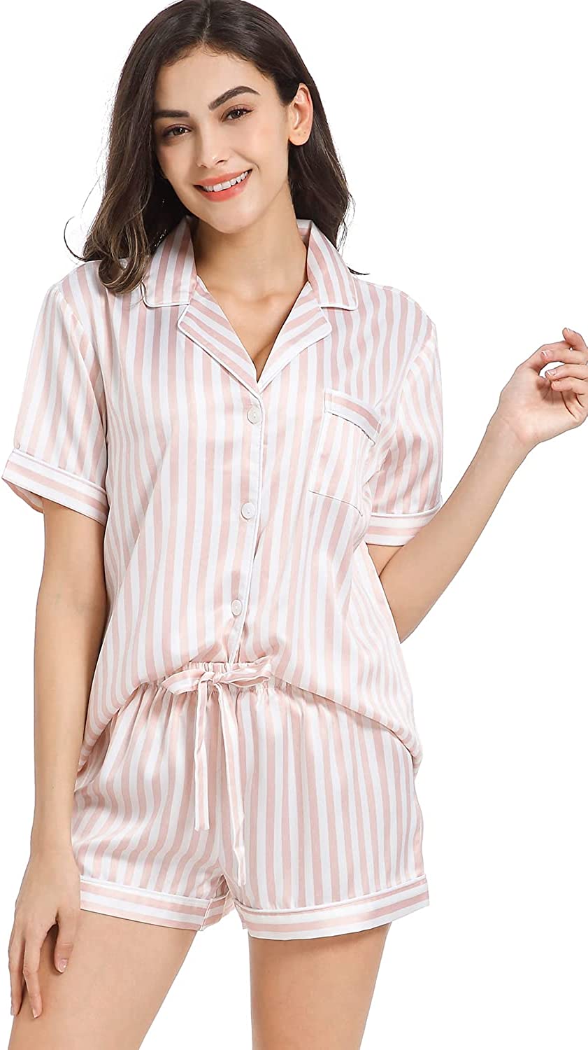 Pink and white stripe satin pajamas