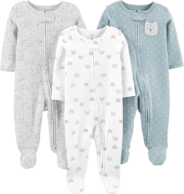 Three baby onesies make perfect NICU gifts: a gray one with animal prints, a white one with rainbow patterns, and a teal one featuring polka dots with an adorable bear face applique. Each suit includes zip closures and covered feet for comfort.
