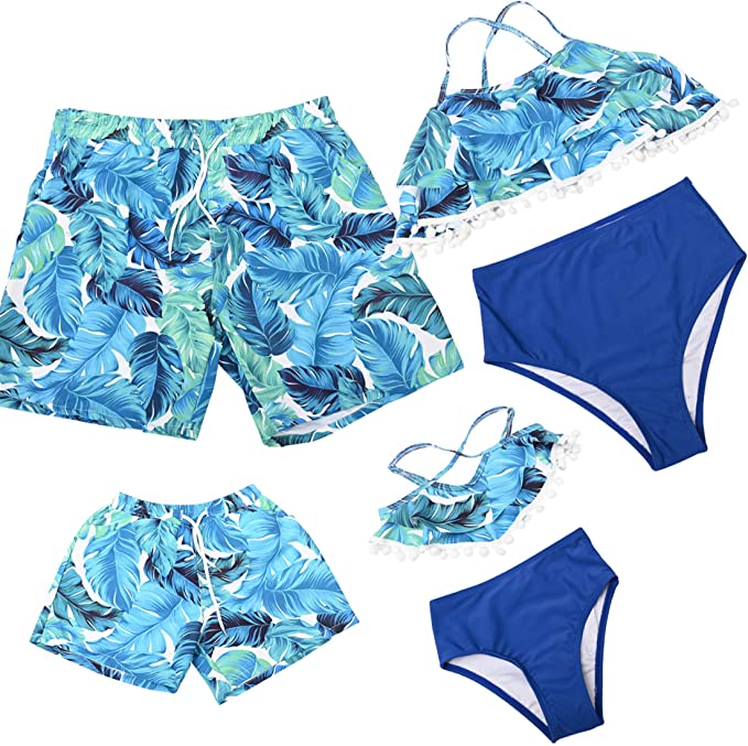 Blue feather print matching family swimsuits 