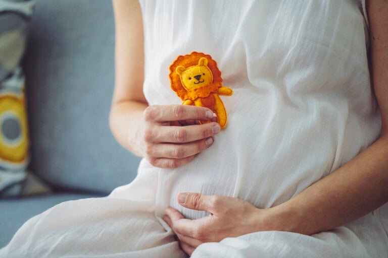 Portrait of a beautiful pregnant woman holding her belly and a little stuffed animal of a lion.